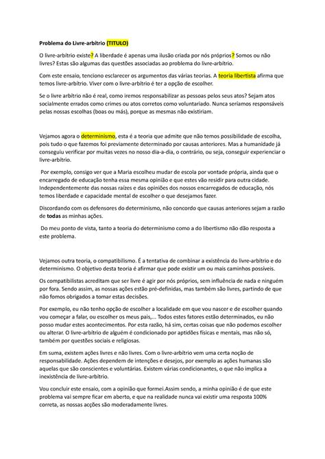 Ensaio Sobre O Livre Arbitrio Problema Do Livre Arb Trio Titulo O