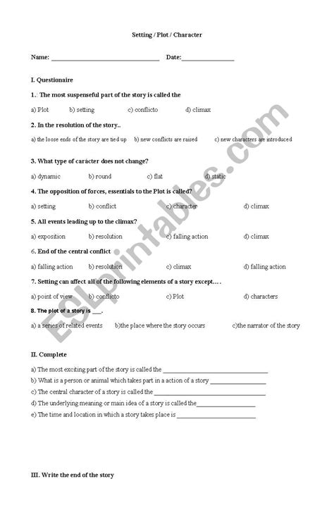 Free Character Setting And Plot Worksheet Download Free Character