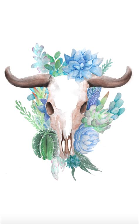 Cow Skull And Succulents Print In 2020 Succulents Prints Cow Skull Skull Painting