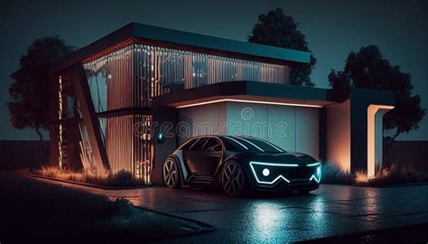 Futuristic Electric Car and Modern House Stock Illustration ...