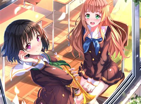 2girls Black Hair Blonde Hair Green Eyes Hibike Euphonium Instrument Long Hair Nakaseko Kaori