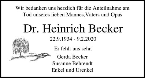 Traueranzeigen Von Heinrich Becker Trauer Anzeigen De