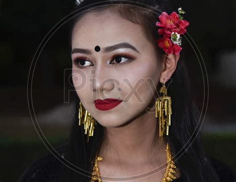 Image Of Assamese Girl In Traditional Assam Clothes During Bihu