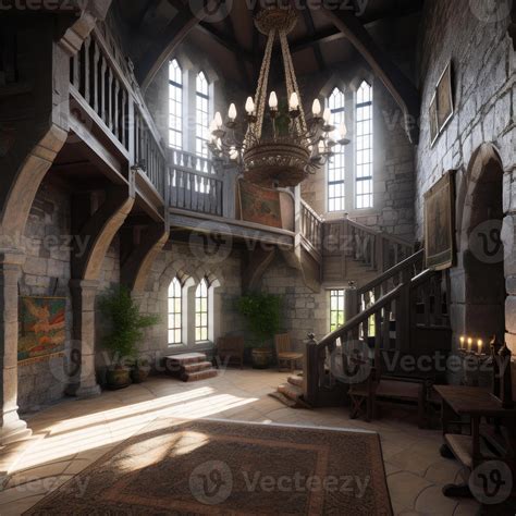 AI generated Ultra realistic modern castle interior. A large room with ...