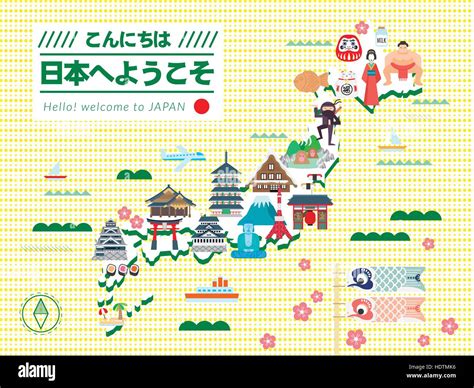 adorable Japan travel map poster - Hello welcome to Japan in Japanese ...