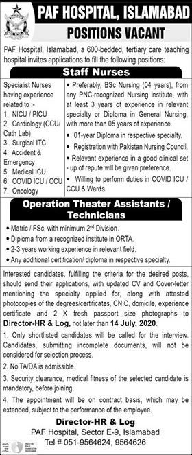 Paf Hospital Islamabad Jobs 2020 July Staff Nurses And Ot Assistants