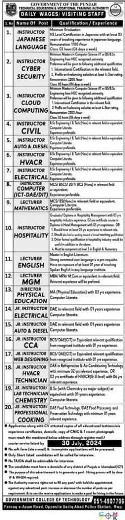 Technical Education Vocational Training Authority TEVTA Punjab Jobs