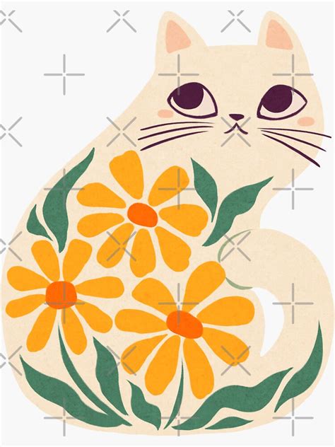 Retro Daisy Flowered White Cat Sticker For Sale By Michelledraws Redbubble