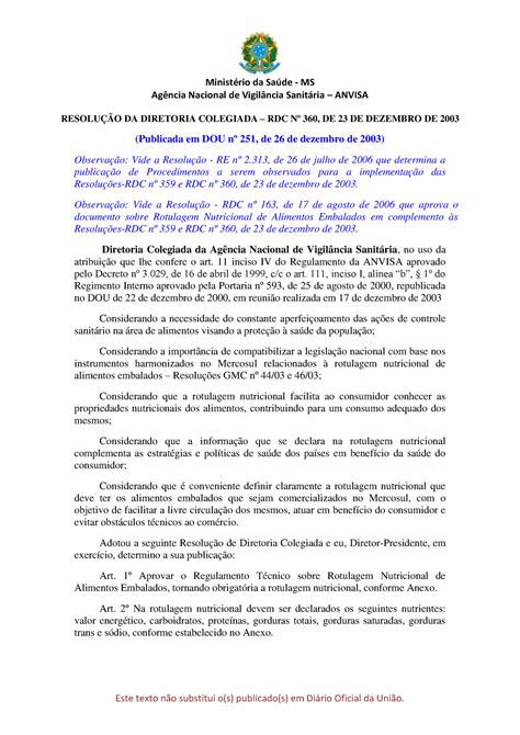 Resolucao rdc no 360 de 23 de dezembro de 2003 AgÍncia Nacional de