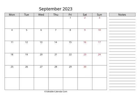 Download September 2023 Calendar With Notes Monday Start