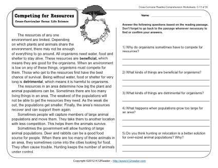 Competing For Resources 3rd Grade Reading Comprehension Worksheet