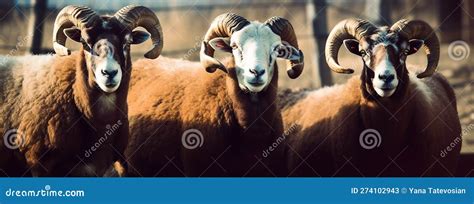 Three Horned Sheep On The Farm Generative Ai Stock Illustration