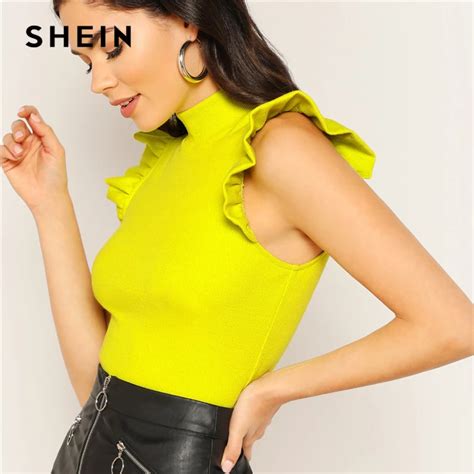 SHEIN Mustard Solid Neon Lime Mock Neck Ruffle Armhole Rib Knit Tee