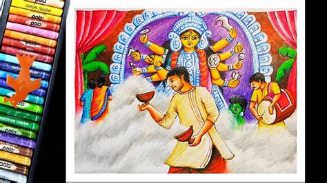 How To Draw Durga Puja Scenery With Pastel Colour Drawing YouTube