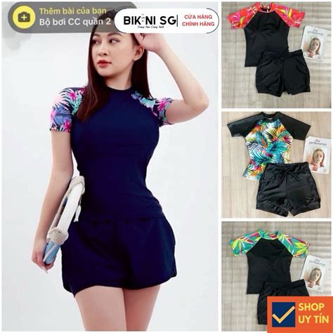 Đồ bơi nữ kín đáo Bikini SG tay ngắn phối quần đùi 2 lớp vải thun bơi Thời trang mùa hè cho mẹ