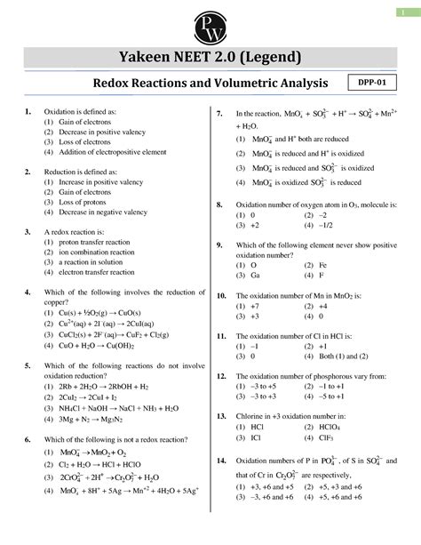 Redox Reactions And Volumetric Analysis Dpp 01of Lec 02 Yakeen 20 1 Yakeen Neet 2 Legend