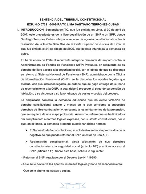 Sentencia Del Tribunal Constitucional Exp No 07281 2006 Patc Lima Santiago Terrones Cubas