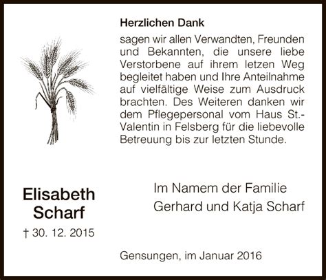 Traueranzeigen Von Elisabeth Scharf Trauer Hna De