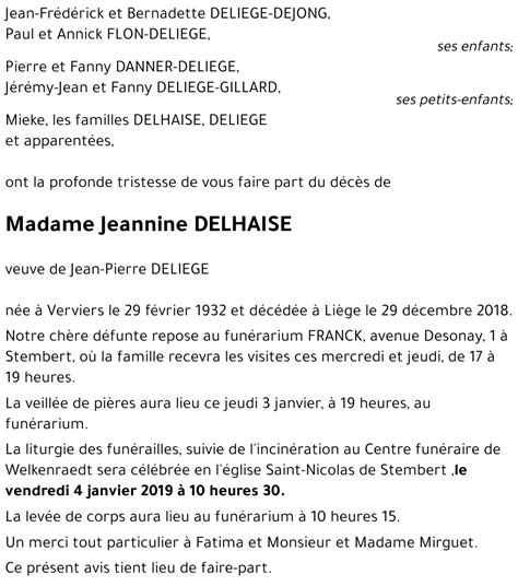 Avis de décès de Jeannine DELHAISE décédé le 29 12 2018 à Liège