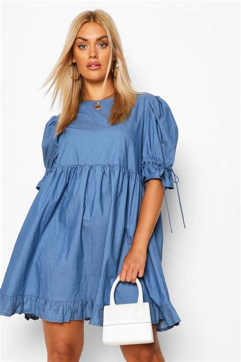 Womens Plus Chambray Puff Sleeve Smock Dress Boohoo Uk