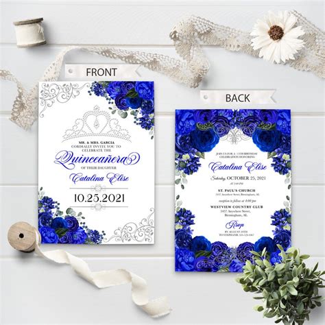 Editable Invitation Royal Blue Silver Floral Quinceanera Etsy