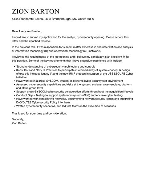 Analyst Cybersecurity Cover Letter Velvet Jobs