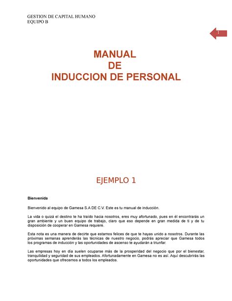 Manual EQUIPO B MANUAL DE INDUCCION DE PERSONAL EJEMPLO 1 Bienvenida