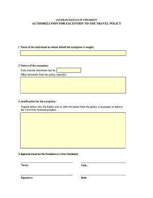 Fillable Online Fiscaff Sfsu Authorization For Exception To The Travel