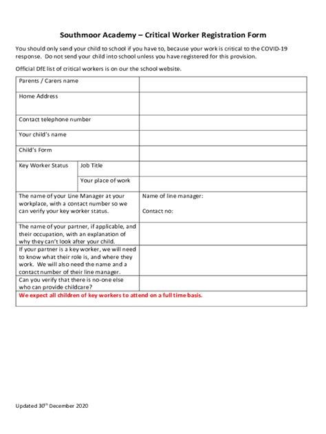 Fillable Online Critical Worker Registration Form Southmoor Academy