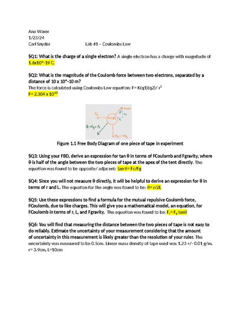 Lab 1 Avw Report Ana Waxer 123 Carl Snyder Lab 1 Coulombs Law