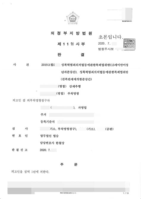 성범죄 성폭력범죄의처벌등에관한특례법위반13세미만미성년자준강간친족관계에의한준강간 의정부지방법원 2019고합2