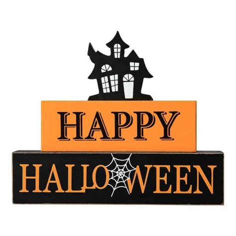 Glitzhome 7.75 in. H Happy Halloween Wooden Haunted House Block Sign 2006200027 - The Home Depot