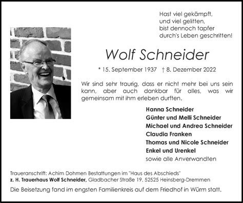 Traueranzeigen Von Wolf Schneider Aachen Gedenkt