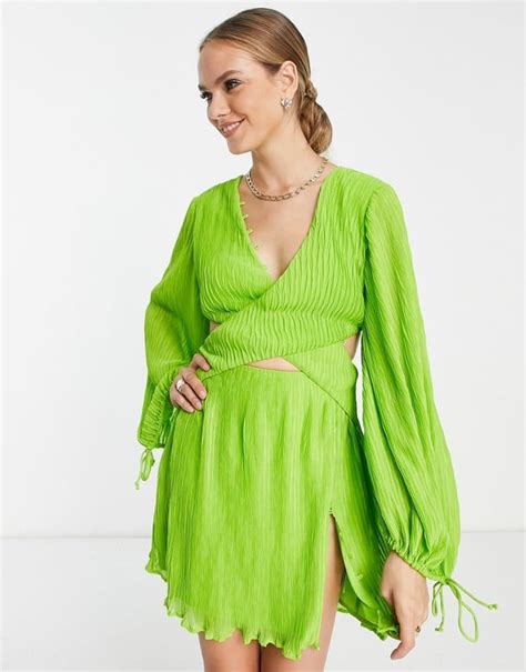 Asos Design Plisse Shirt Mini Dress With Wrap Waist Detail In Lime Green