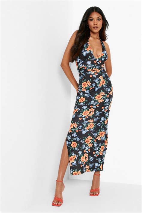 Floral Halter Neck Tie Detail Maxi Dress Boohoo Uk