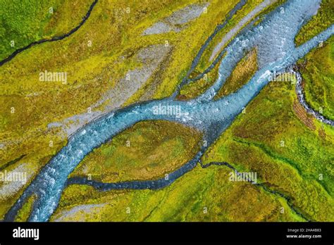 Aerial Top Down View Of Glacial River In Iceland Hi Res Stock