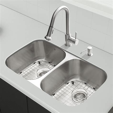 Vigo 32 Inch Undermount 5050 Double Bowl 18 Gauge Stainless Steel Kitchen Sink And Reviews Wayfair