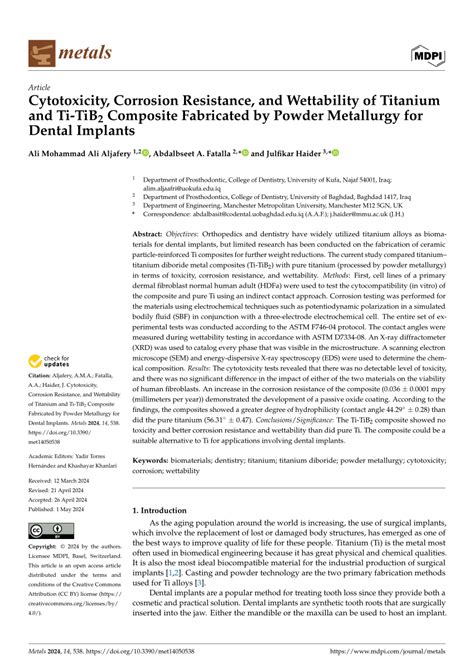 Pdf Cytotoxicity Corrosion Resistance And Wettability Of Titanium