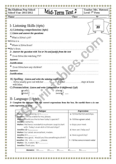 MID TERM TEST 2 7TH FORM ESL Worksheet By Saaidiyasmine