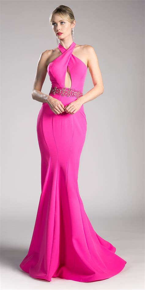 Cinderella Divine 11978 Hot Pink Halter Mermaid Long Prom Dress With