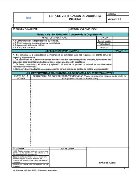 Kit Para La Planeaci N Y Registro De Auditor A Interna Softgrade