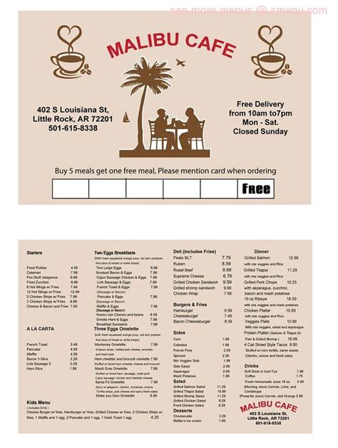 Menu at Malibu Cafe, Little Rock