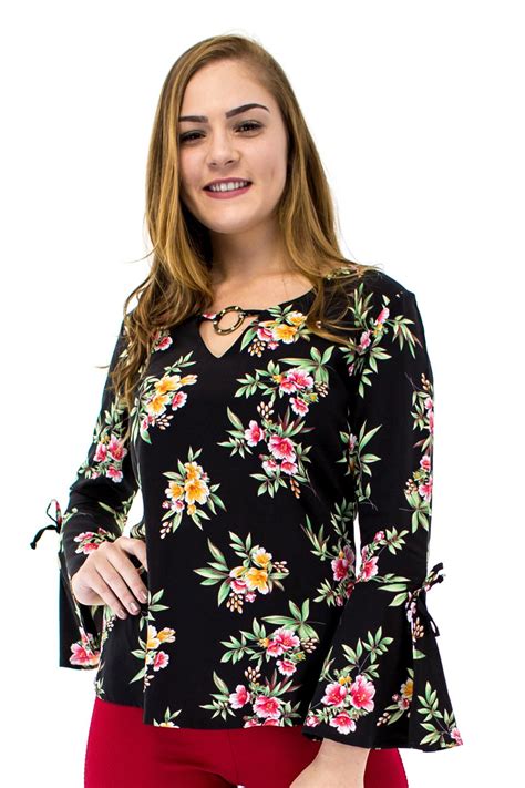 Blusa Manga Flare Estampa Floral Black Malharia Eliani