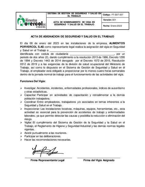 Asignacion DE Vigia 2023 SISTEMA DE GESTION DE SEGURIDAD Y SALUD EN