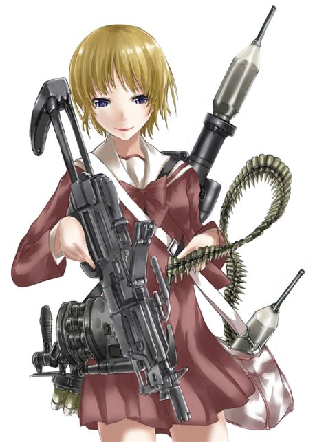 Safebooru 1girl Abubu Ammo Belt Ammunition Belt Blonde Hair Blue Eyes