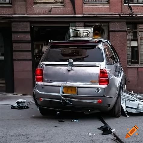 Crashed Silver Car Being Hauled Away On A Trailer In New York Streets