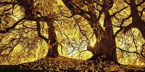 A Tall Old Tree With Golden Leaves Magnificent And Stable Diffusion