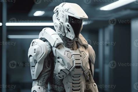 Soldier In Futuristic Space Armor Science Fiction White Armor Inside The Spaceship 3d Render