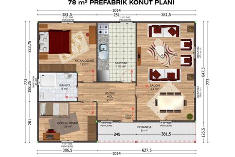 78 m2 Tek Katlı Prefabrik Ev Modelleri