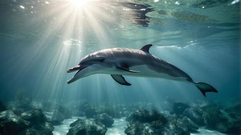 Premium AI Image | A stunning dolphin playing in sun rays underwater in the sea in natural habitat